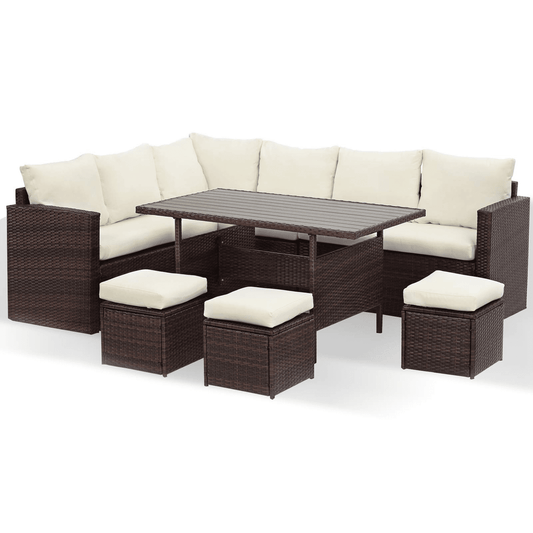 Royalcraft 7 Piece Patio Furniture Set, Wicker Sectional Sofa Dining Table with Ottoman, Ivory