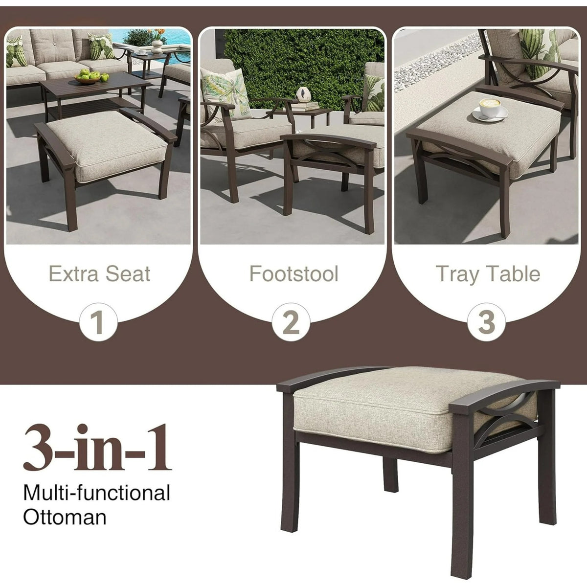 Royalcraft 2 Pieces Metal Outdoor Patio Ottoman Set, Outdoor Foot Stools with Thick Cushion, Small Seat Furniture for Porch Balcony Backyard