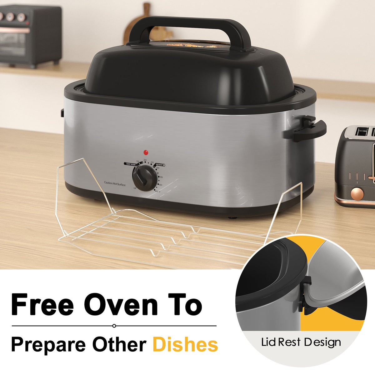 RoyalCraft 20 Quart Electric Turkey Roaster Oven with Visible Glass Lid, with Removable Pan & Rack, Stainless Steel, Black
