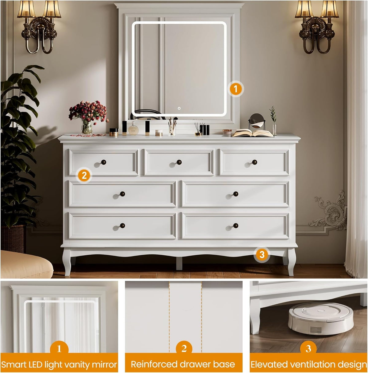 RoyalCraft White 7 Drawer Dresser with Mirror, Large Chest of Drawers for Bedroom, Modern Wood Dresser with LED Mirror for Bedroom, Living Room, White