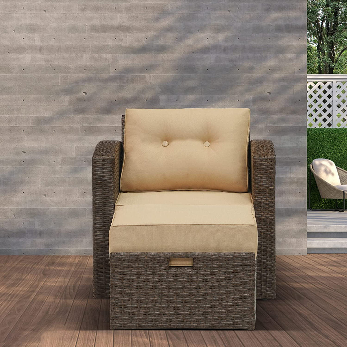 RoyalCraft Modular Collections Patio Sofa Chair with Ottoman, Outdoor Brown Rattan Lounger Sofa Chair Set with Seat and Back Cushions, Aluminum Frame