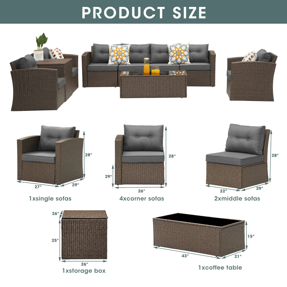 Royalcraft Outdoor Patio Furniture Set,9 Pieces Outdoor Sectional Wicker Sofa PE Rattan Conversation Sets with Non-slip Cushions,Aluminum Frame,Grey