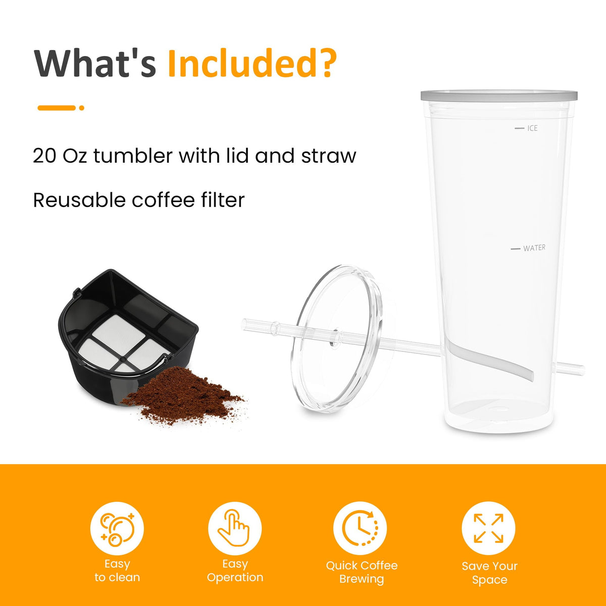 Royalcraft 20 Oz Iced Coffee Maker for Ground Coffee, Cold Brew Tea Maker with Reusable Coffee Filter and Insulated Pitcher, Single Serve Machine for Home, Strength Control for Flavor, Black