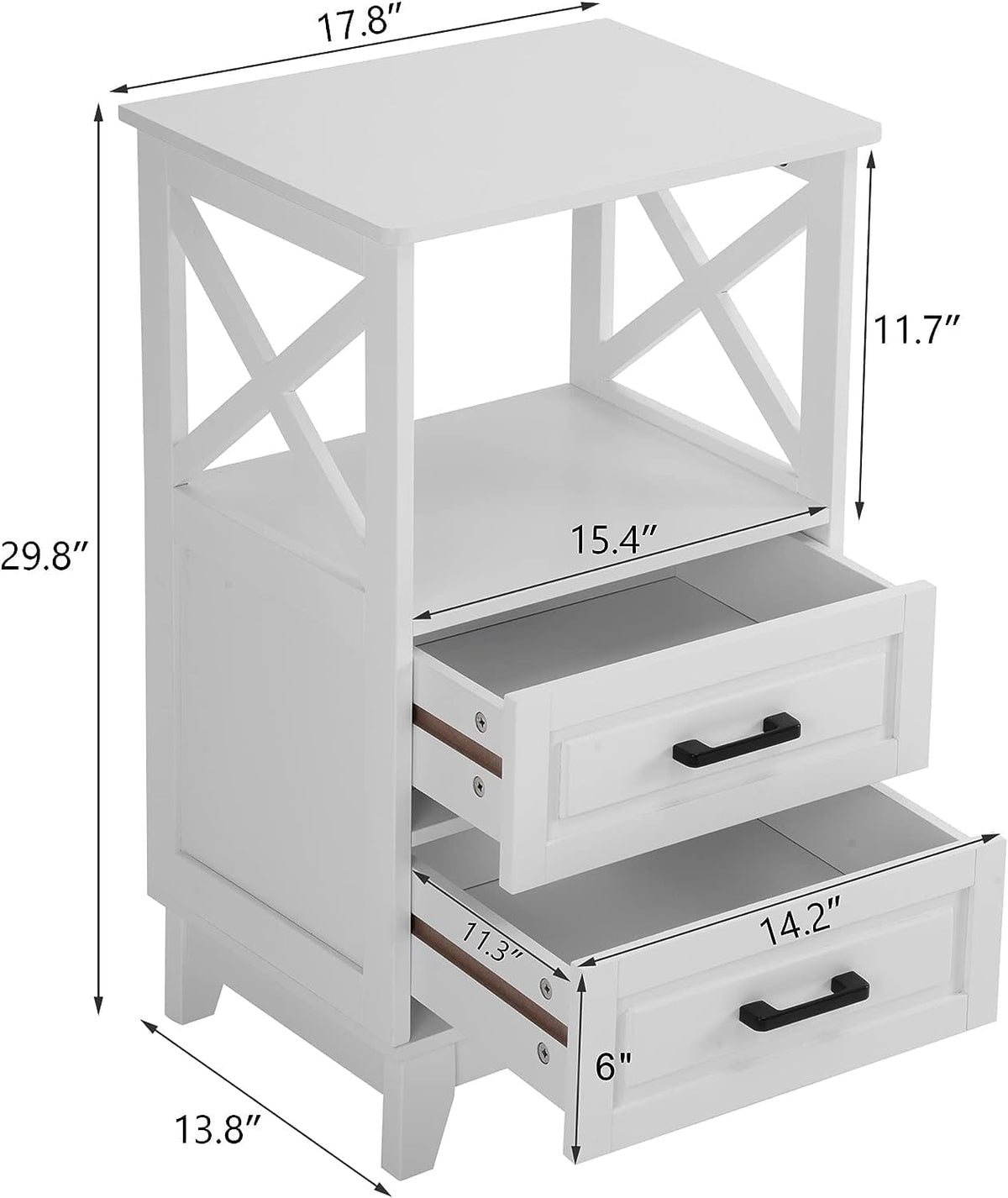 White Nightstand Set of 2, Wood X-Design Tall Nightstand with 2 Drawers, Modern Side Tables with Storage, Bedside End Tables for Bedroom, Living Room