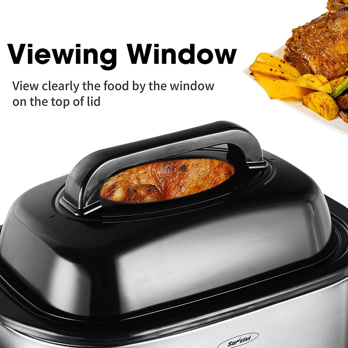 Royalcraft 26 Quart Electric Turkey Roaster Oven with Visible & Self-Basting Lid, Stainless Steel,Black