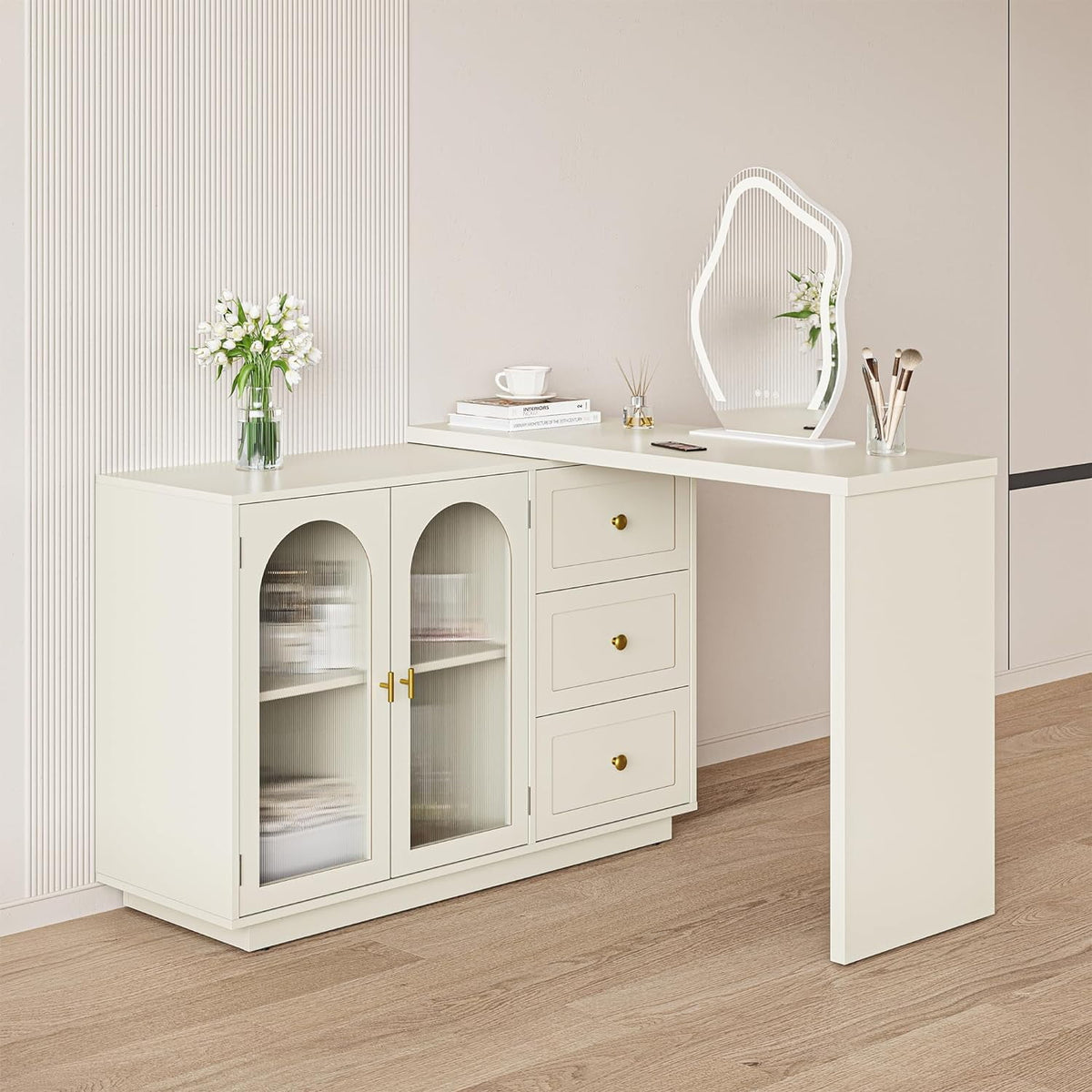 RoyalCraft Makeup Vanity Desk, Extendable Corner Vanity Makeup Table with 3 Drawers & 2 Doors, Modern Dressing Table for Bedroom, White Makeup Vanity Without Mirror