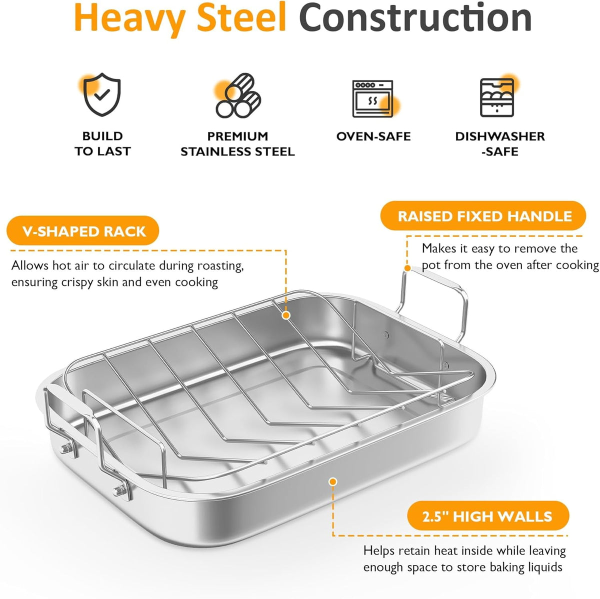 Royalcraft 15.6in  Roasting Pan with V-Shaped Rack, Rectangular Lasagna Pan with Handle, Non-Stick Stainless Steal Roaster for Turkey, Chicken, Vegetable, Silver