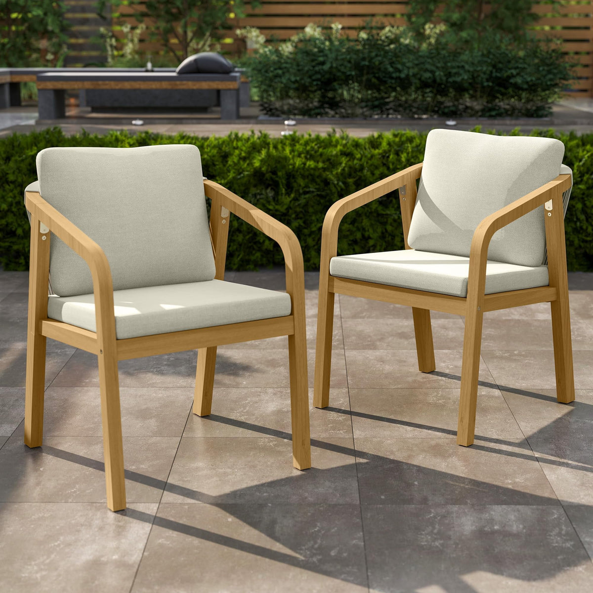 Heynemo Acacia Patio Dining Chairs Set of 4, Outdoor Wood Dining Chairs with Thick Cushions, Modern Patio Chairs with Woven Rope Backrest for Porch, Backyard, Garden, Indoor, Beige