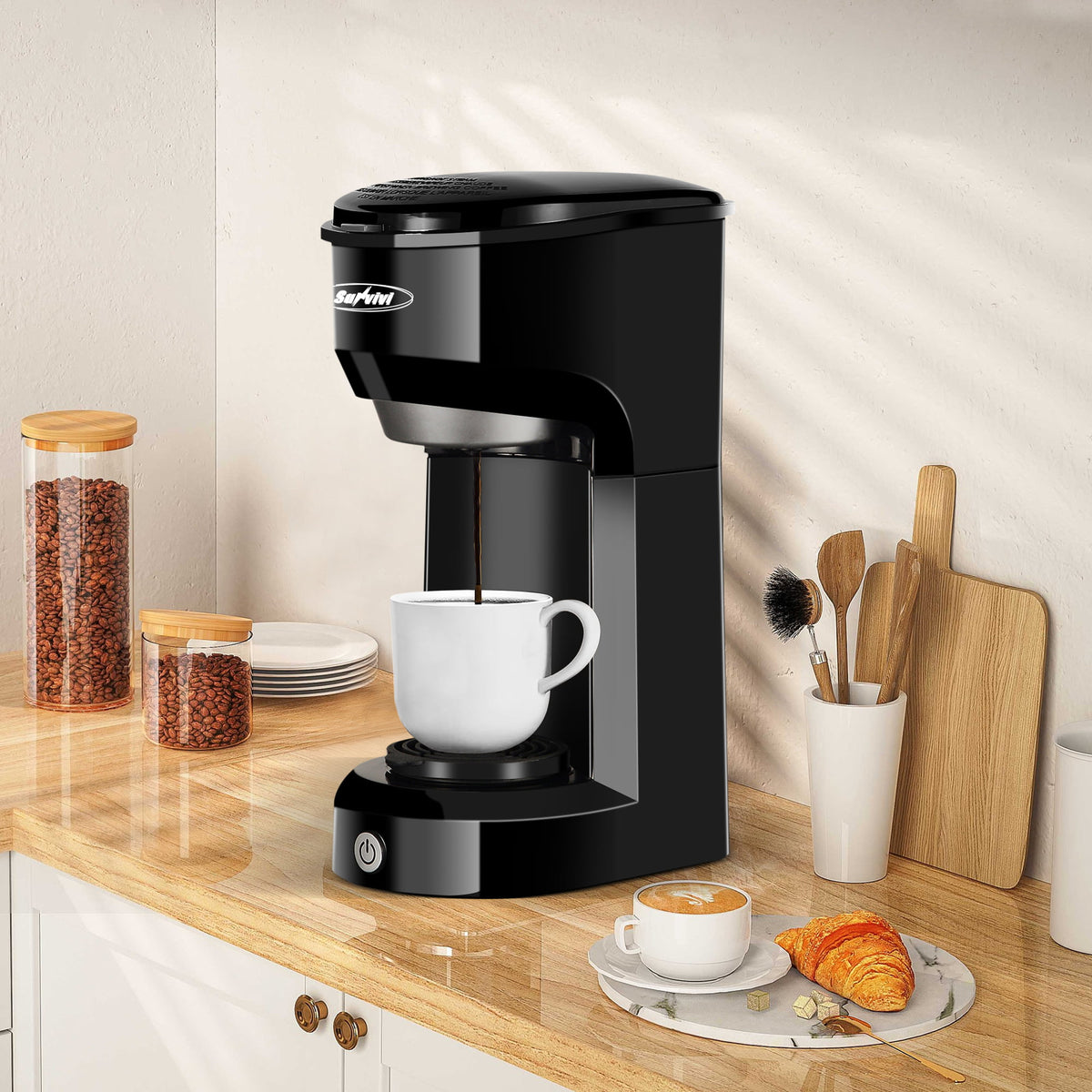 Single Serve Coffee Maker Coffee Brewer 6 to 14 oz With Permanent Filter, Compatible with Single Cup Pod & Ground Coffee, Red