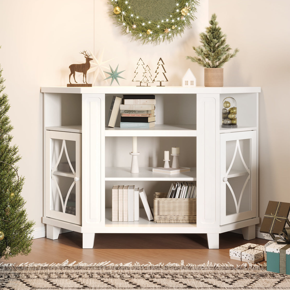 RoyalCraft Corner TV Stands for TVs up to 55'', Media Console Table with Adjustable Shelves, Acrylic Doors with Double-Diamond Design, Wood Modern Entertainment Center for Living Room Bedroom, White
