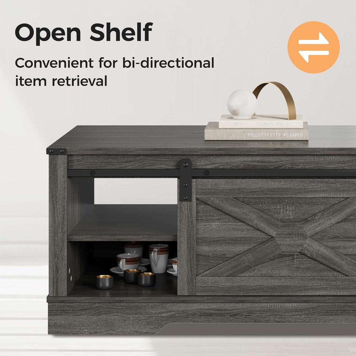 Farmhouse Coffee Table with Storage and Sliding Barn Door, 48'' Rustic Living Room Table , Rectangular Center Table , Rustic Dark Grey