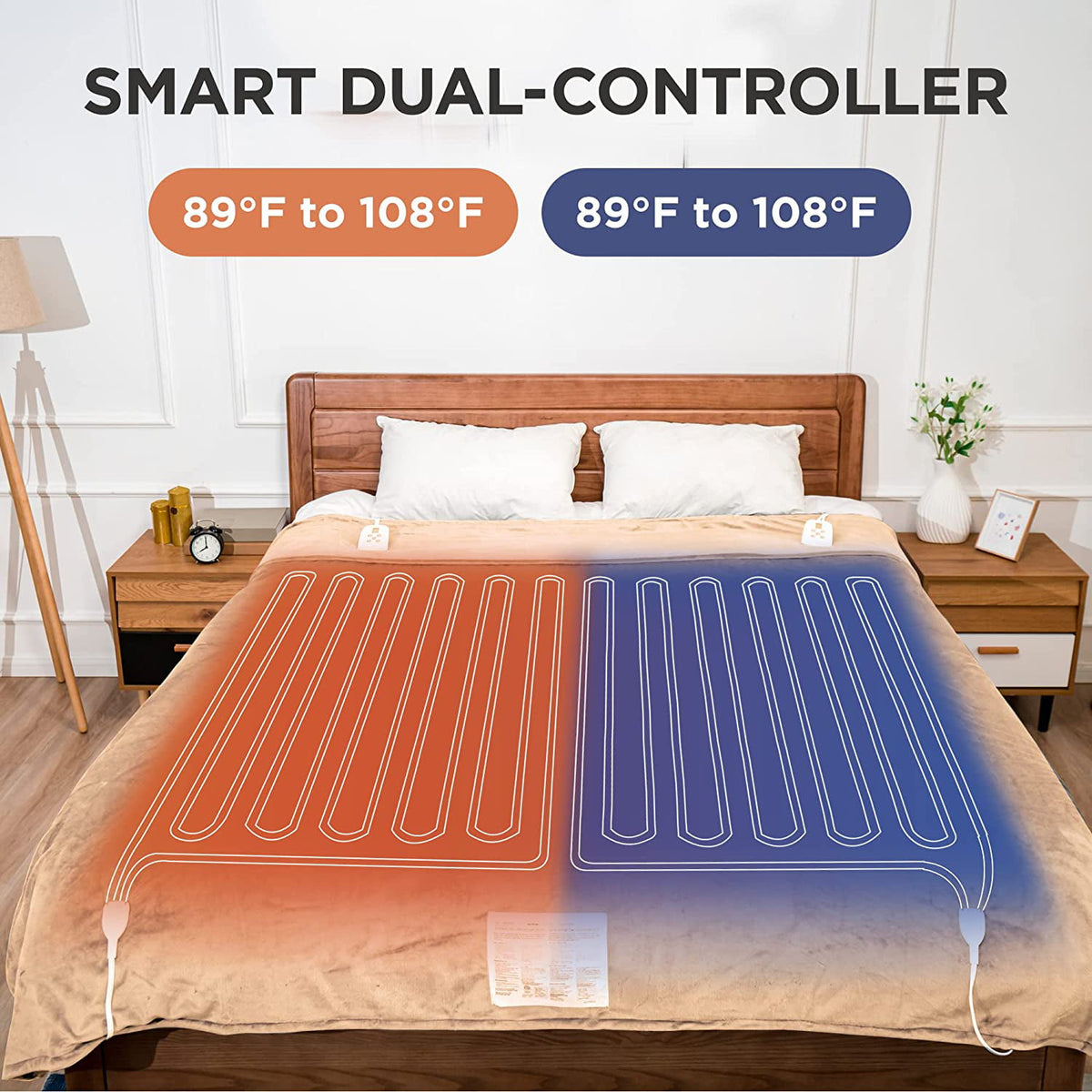 Royalcraft Electric Blanket Queen Size 84"x90" Flannel Heated Throw Blanket, Dual Controls Setting Electric Blanket, 10 Heating Levels, 12H Auto-off, 5 Years Warranty, Machine Washable - White