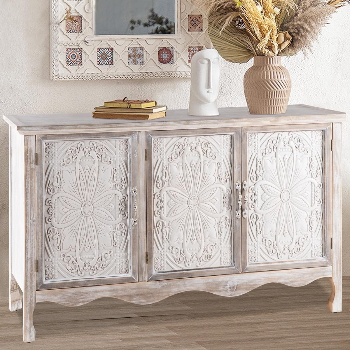 Royalcraft Accent Cabinet Rustic Storage Cabinet with 3 Carved Doors, Vintage Sideboard Buffet Cabinet with Shelves, Wood Entryway Cabinet for Kitchen, Dining Room, Living Room, Bedroom