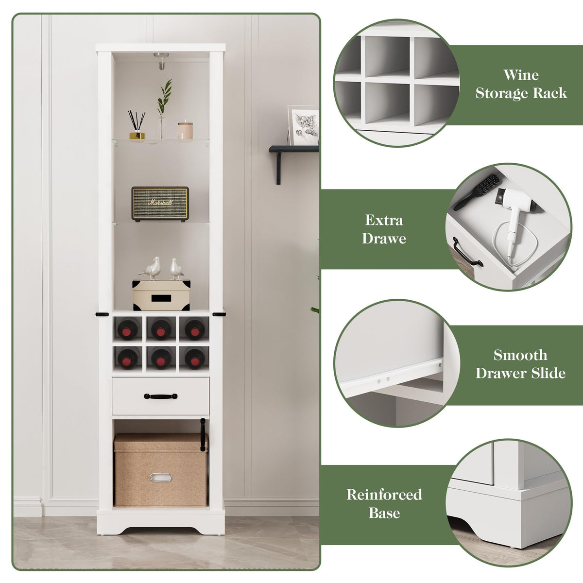 Royalcraft 75'' Tall Storage Cabinet with LED Light, Farmhouse Pantry Cabinet with Tempered Glass Adjustable Shelves & Wine Storage Rack, Freestanding Linen Tower for Bathroom, Living Room,White