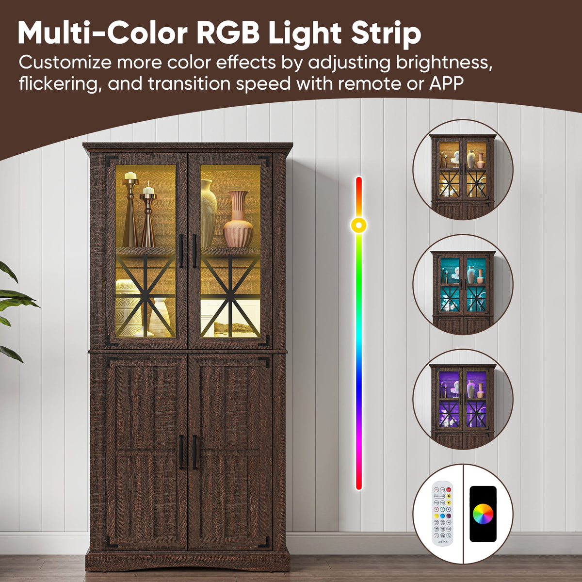 Royalcraft 69'' Tall Farmhouse Storage Cabinet, Retro Display Cabinet with RGB Lights, Freestanding Kitchen Pantry Cabinet with 2 Glass Door Cabinets for Kitchen, Living Room, Home Office, Brown