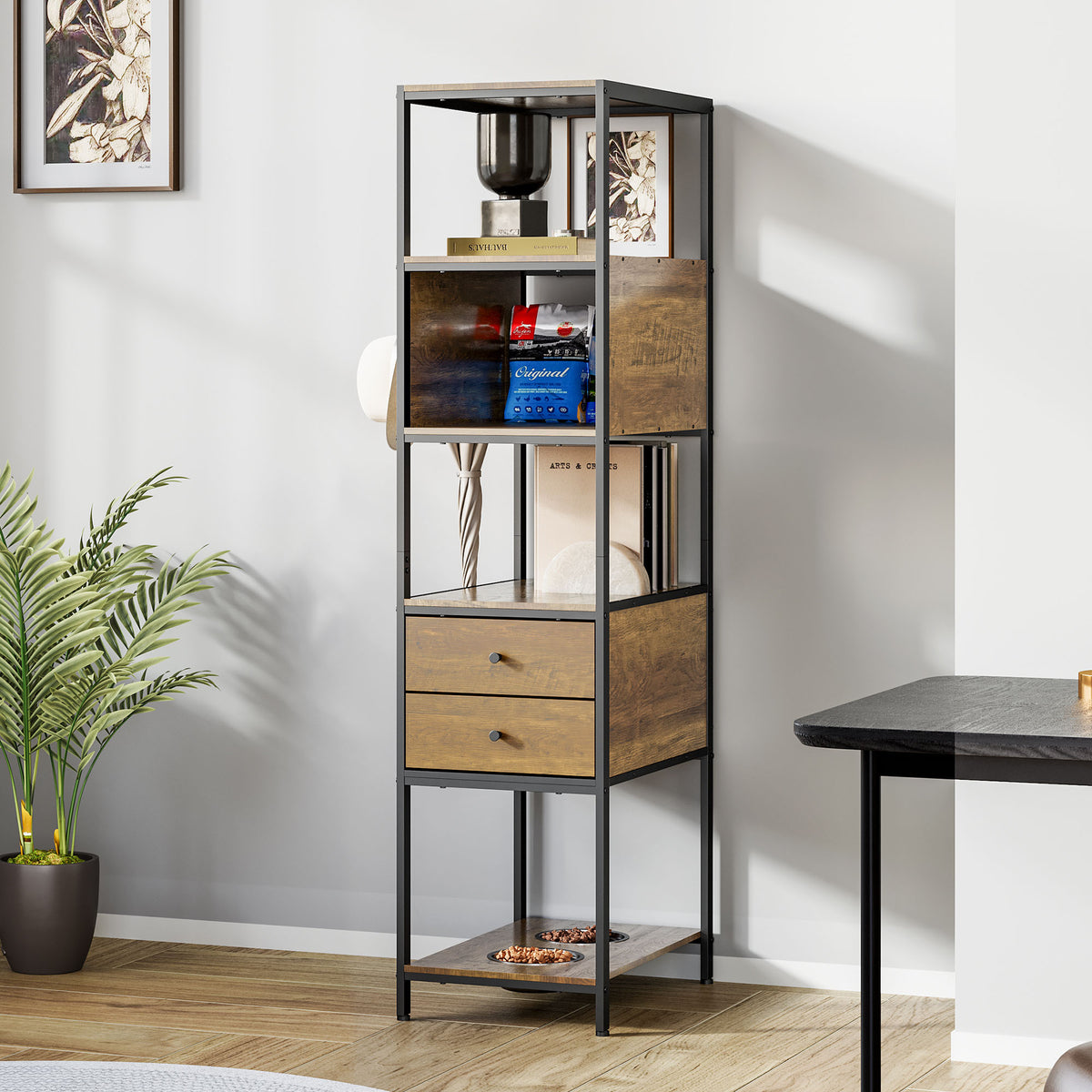 Industrial Bookshelf, Standing Display Shelf with 2 Dog Bowls, Metal and Wood Bookshelf, Dog Feeder Station with Shelves, Brown