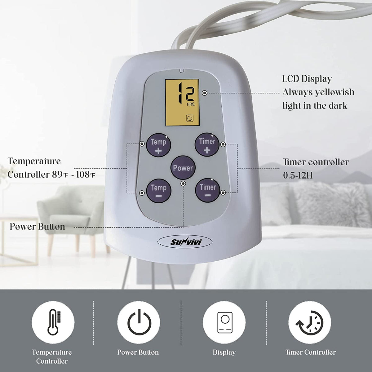 Royalcraft Electric Blanket Queen Size 84"x90" Flannel Heated Throw Blanket, Dual Controls Setting Electric Blanket, 10 Heating Levels, 12H Auto-off, Grey electric blanket