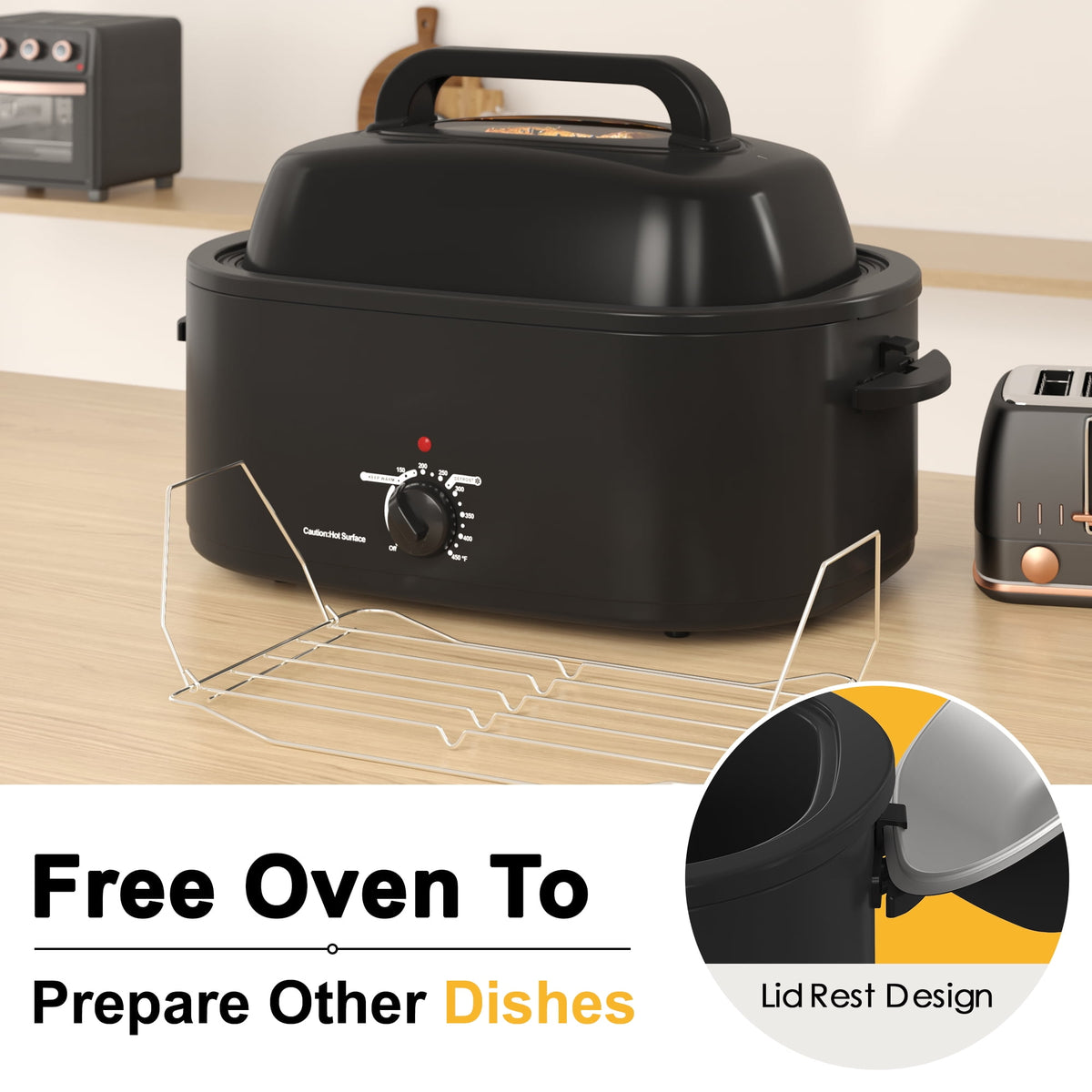 RoyalCraft 26 Quart Electric Turkey Roaster Oven with Visible Glass Lid, with Removable Pan & Rack, Stainless Steel, White