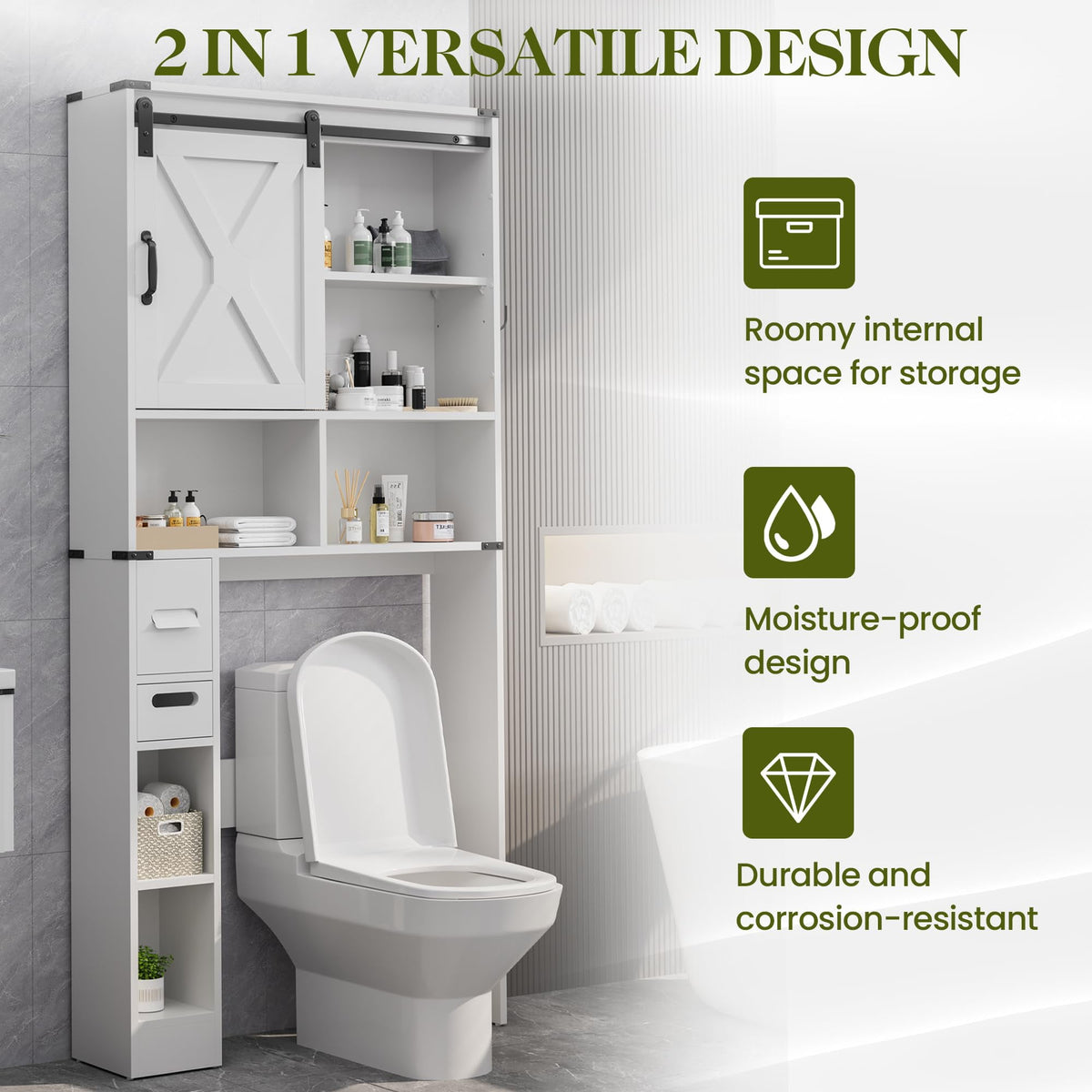 RoyalCraft Over The Toilet Storage Cabinet, Farmhouse Storage Cabinet Over Toilet with Sliding Barn Door, Home Space-Saving Toilet Rack, Behind Toilet Bathroom Organizer for Bathroom, White