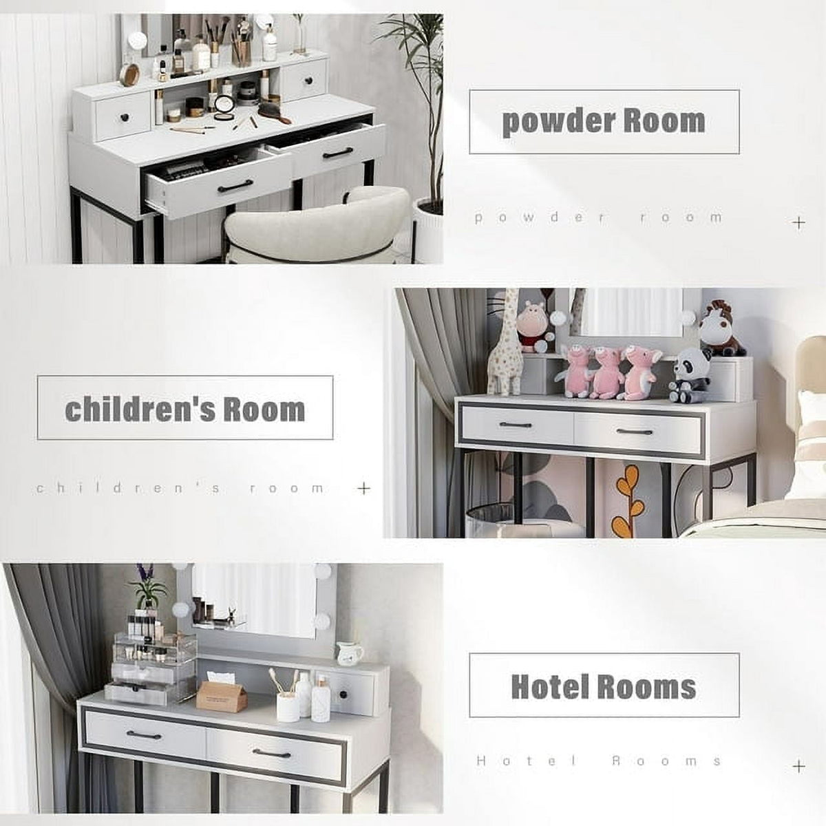 Superjoe Makeup Vanity 3 Color Hollywood Mirror with Dimmable Lighted, Vanity Table with 4 Drawers for Women Girls, Dressing Desk for Bedroom, Beauty Room, White