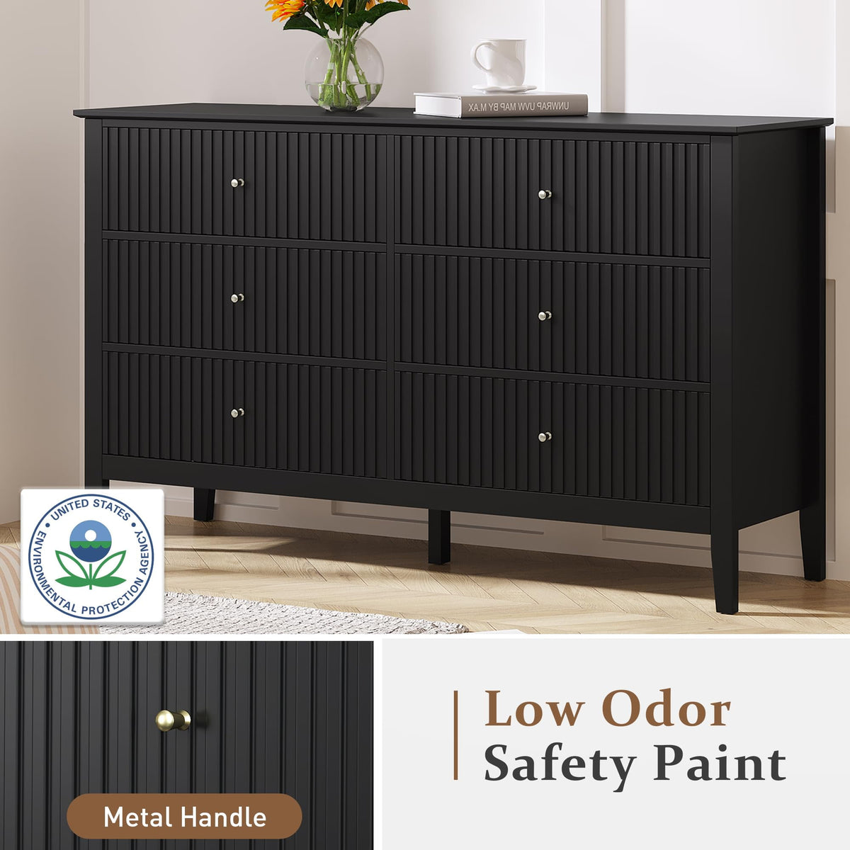 RoyalCraft Black 6 Drawer Dresser, Fluted Modern Wood Dresser, Double Chest of Drawers with Ball Bearing Slide, Long Dresser for Bedroom TV Stand Storage Cabinet for Living Room