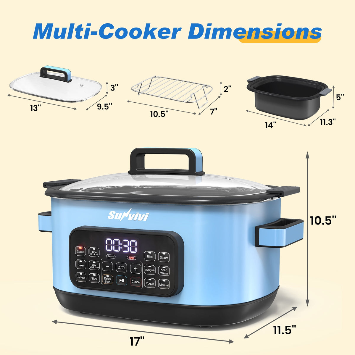 Royalcraft 12-in-1 Digital Programmable Slow Cooker, 6.5 QT Large Multicooker, Multi-Cooker with Timer, Temp Control, Blue