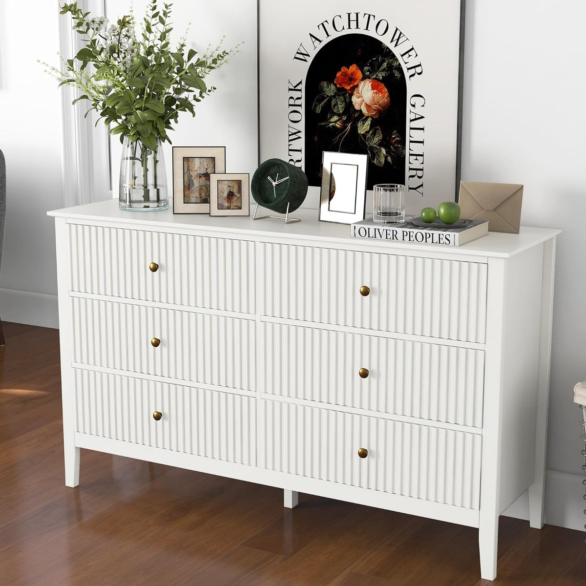 Superjoe 6 Drawer White Dresser for Bedroom, Modern Storage Chest w/Silent Slide & Waterproof Lacquered Desktop, Wood Side Organizer Cabinet for Living Room, Study Room, Nursery