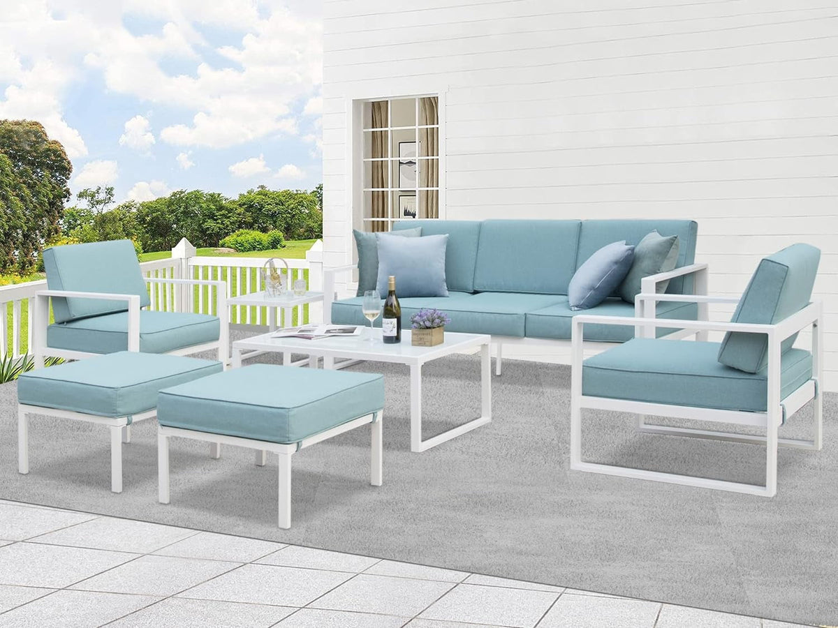 Royalcraft Aluminum Patio Furniture Set, All-Weather 7 Pieces Outdoor Couch Conversation Set Modern Metal Outdoor Sectional Sofa with Ottomans and Coffee Table