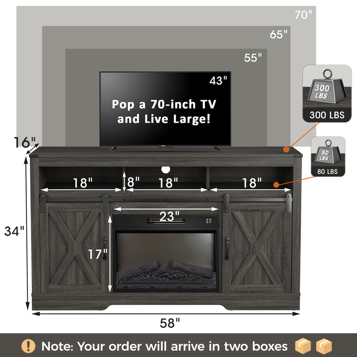 RoyalCraft Fireplace TV Stand for 65+ inch, Farmhouse Entertainment Center with 23" Electric Fireplace with Remote, Modern Rustic TV Console Storage Cabinet with Sliding Bar Door