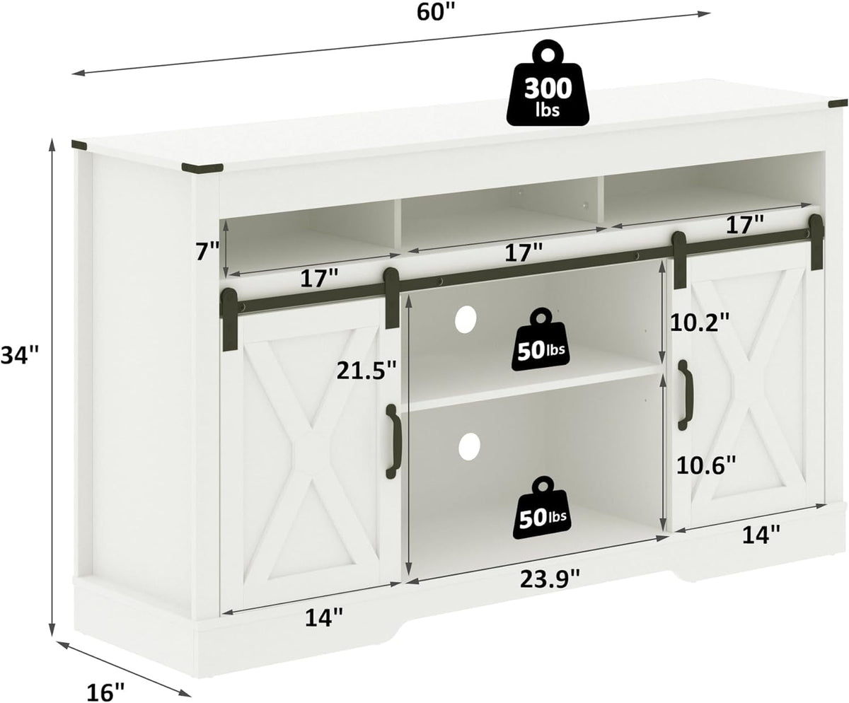 Royalcraft Farmhouse TV Stand for 65+ Inch TV, 34'' White Entertainment Center with Sliding Barn Doors,  Wood  Cabinet Television Stands- White