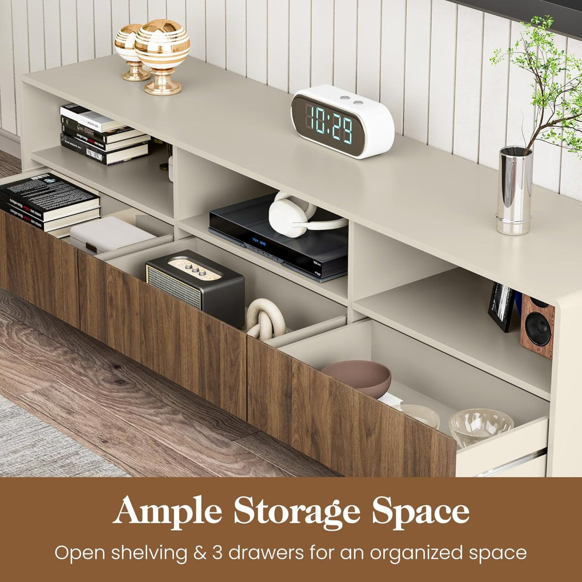 Superjoe 70" Large TV Stand with Storage and Led Lights, Console Table with 3 Drawers, TV Entertainment Center for up to 75" Television, Wood TV Media Cabinet for Living Room Bedroom, Beige & Walnut