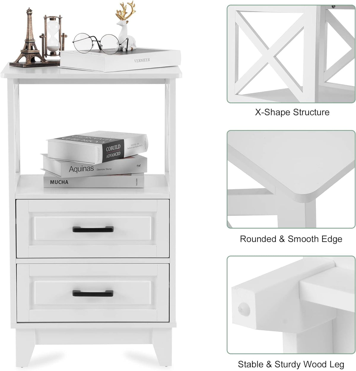 RoyalCraft Nightstand with 2 Storage Drawers, Tall End Table with Wooden x-Design for Bedroom ,  White