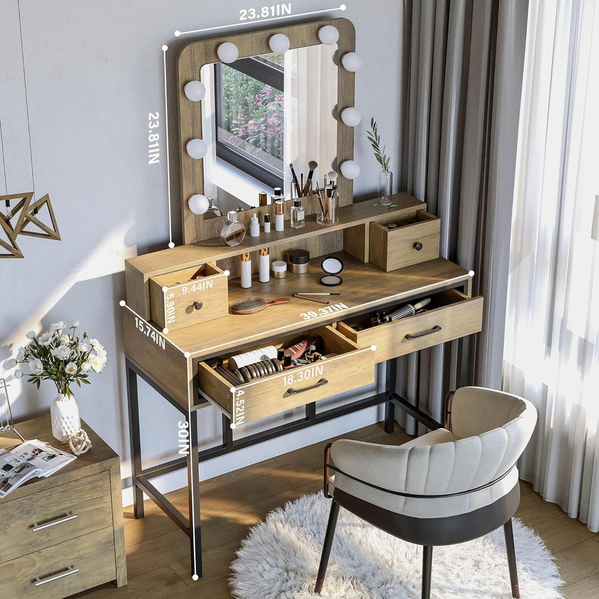 Superjoe Makeup Vanity with 3 Color Dimmable Lighted Hollywood Mirror, Vanity Table with 4 Drawers for Women Girls, Dressing Desk for Bedroom, Beauty Room, Brown