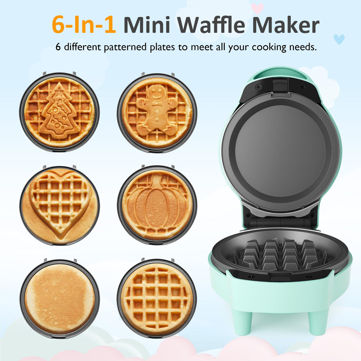 Royalcraft 6 in 1 Mini Waffle Maker, 4¡± Waffle Iron with Removable Non-stick Plates, Perfect Mini Waffle Maker for Kids and Families, Light Blue
