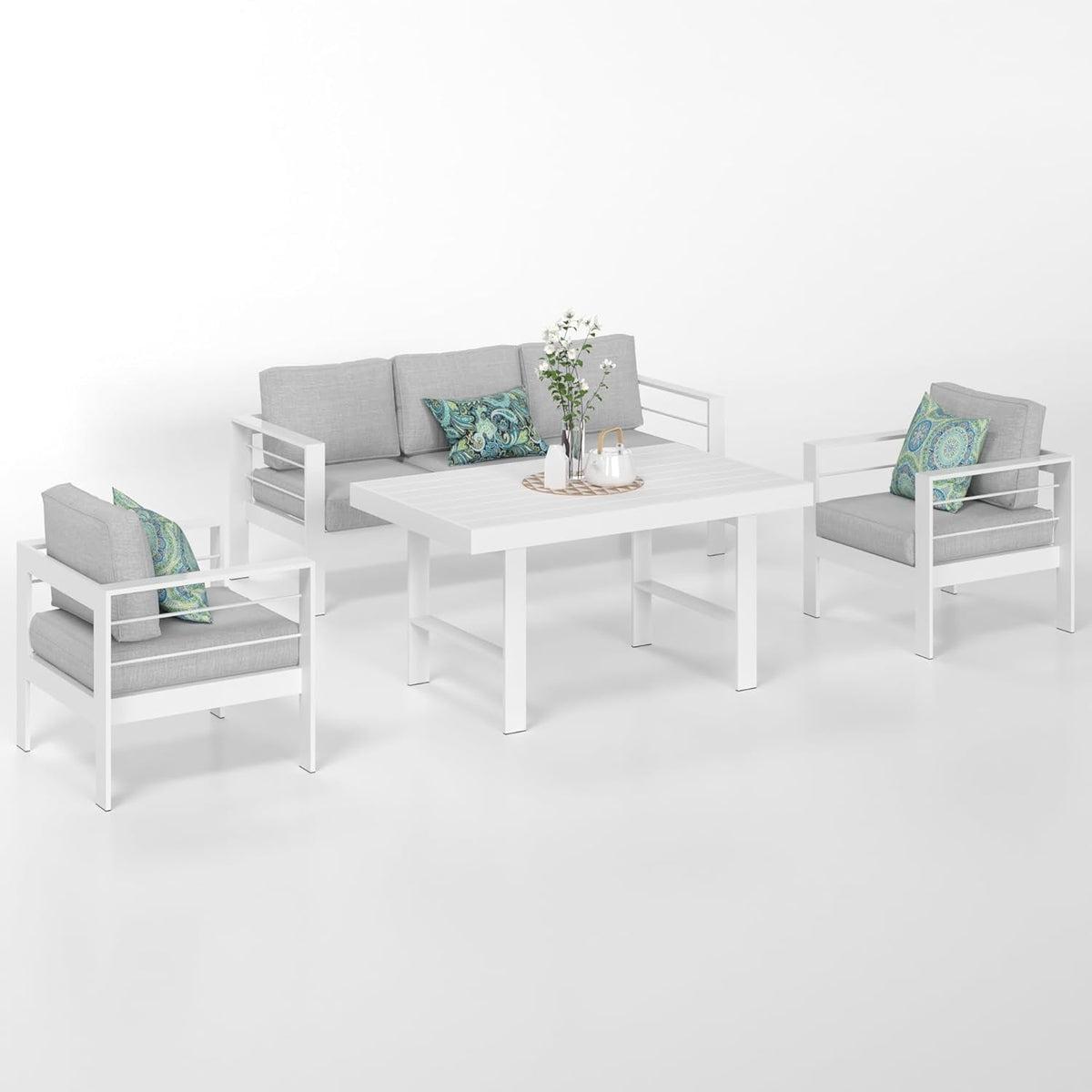 RoyalCarft Aluminum Patio Furniture Set, 4 Pcs Modern Outdoor Conversation Set Couch Sofa with Upgrade Cushion and Dining Table,White