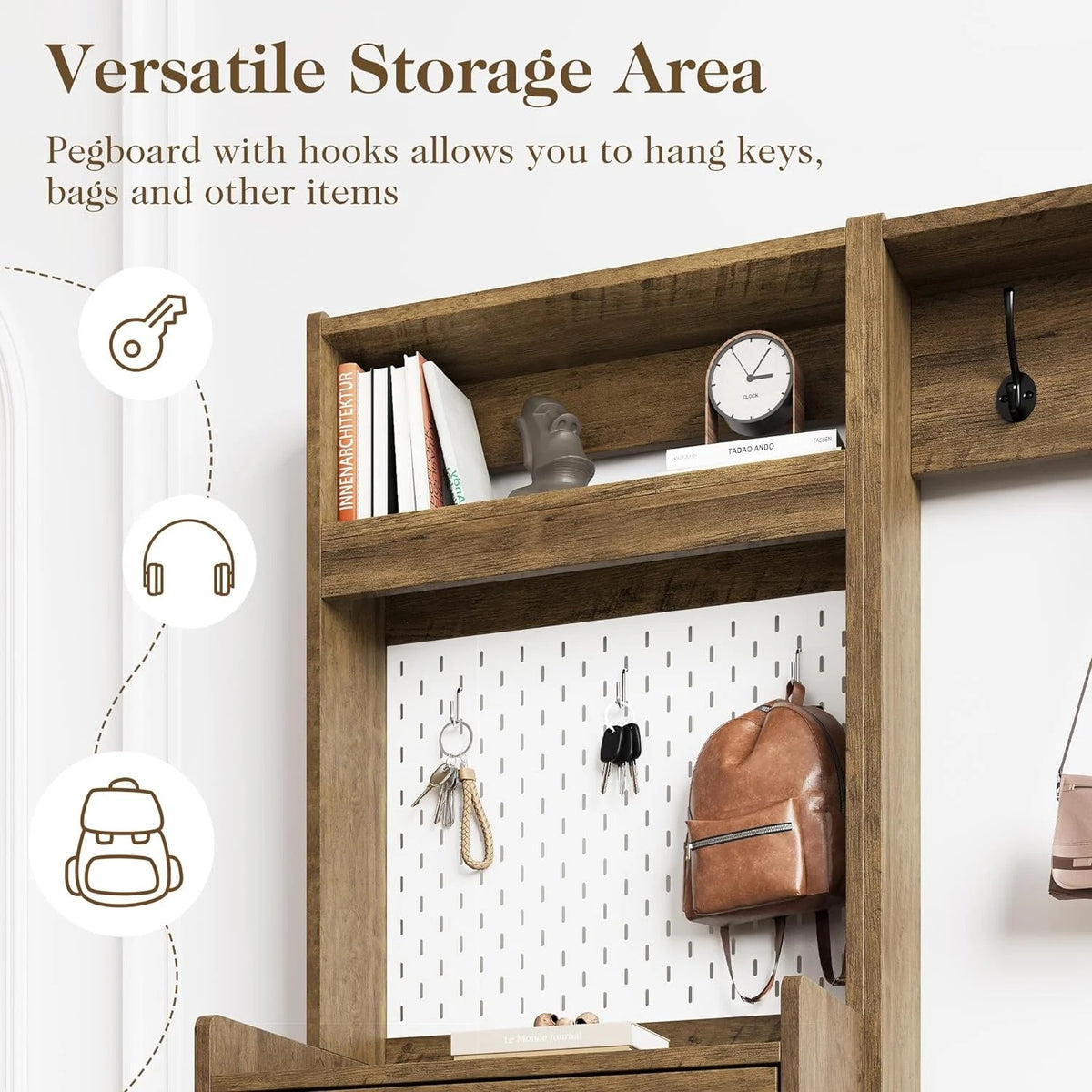 Royalcraft 7-in-1 Hall Tree with Hidden Shoe Storage, Entryway Bench with Coat Rack and Pegboard, Multifunctional Coat Rack with Bench Mudroom Storage