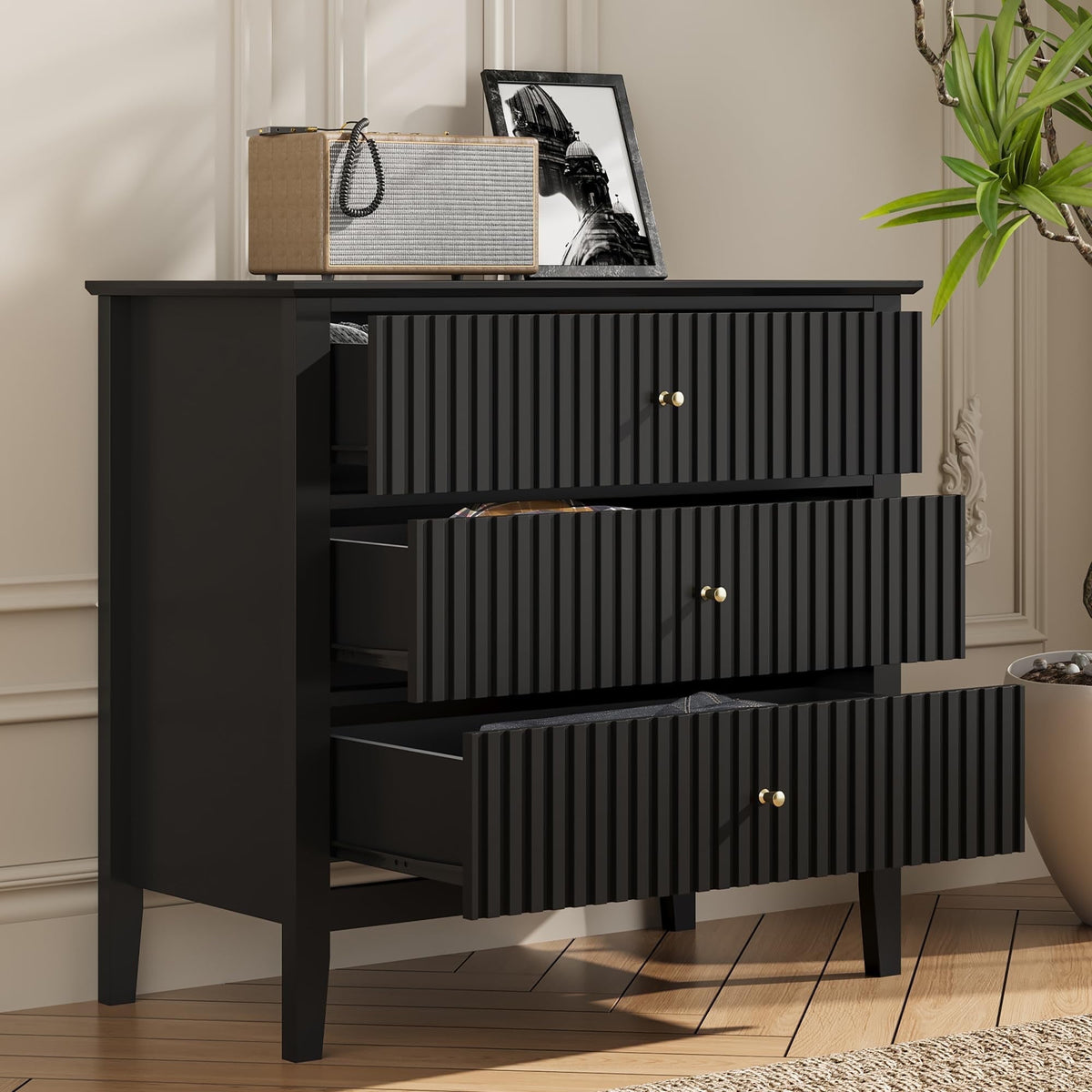 32" Black Fluted Dresser Nightstand, Wide Modern 3 Drawer Wooden Chest, Large Painted Storage Cabinet