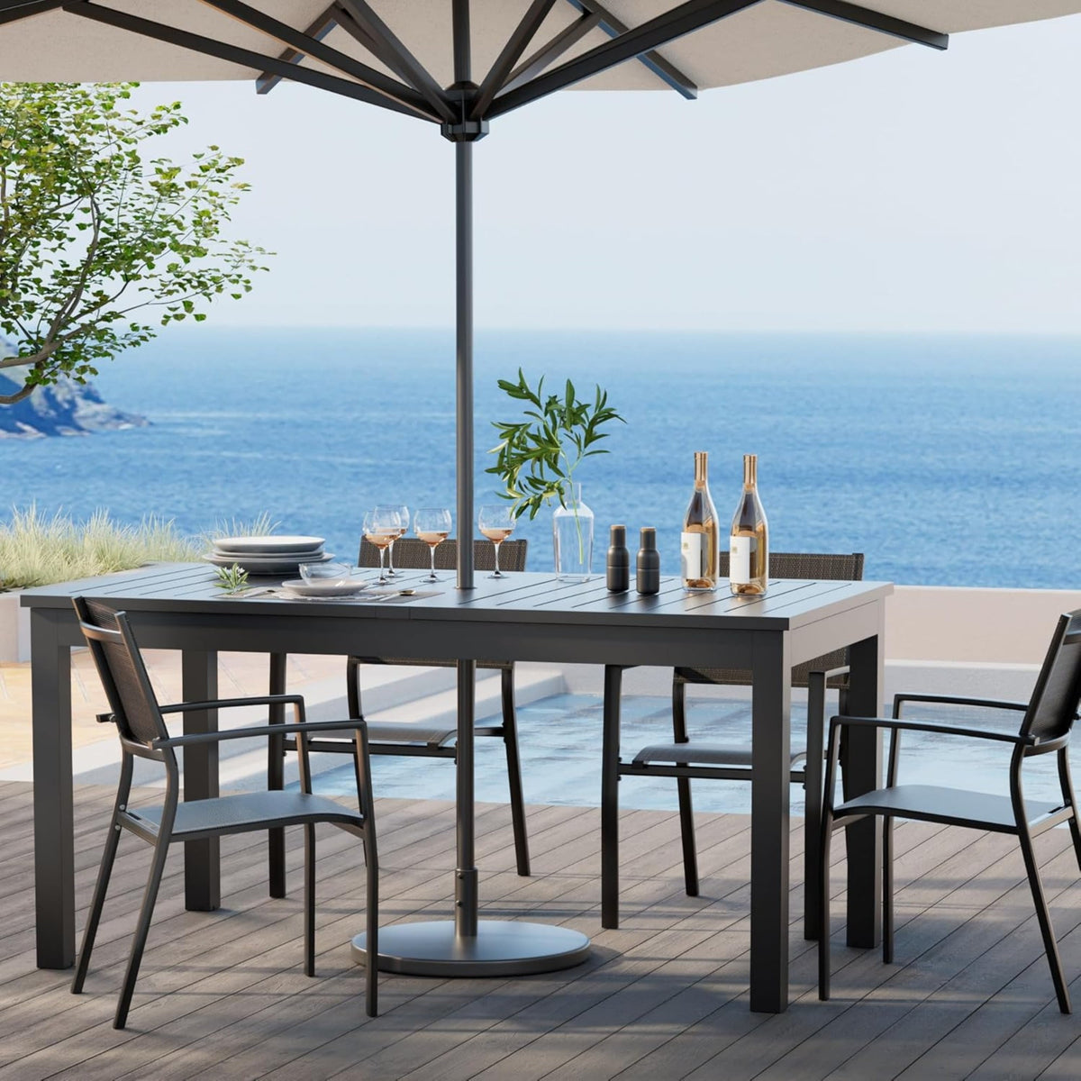 Superjoe Patio Expandable Table Dining Set for 4 to 10, Aluminum Outdoor Dining Table, Rectangular Patio Metal Table with Umbrella Hole for Backyard Porch, Deck ＆ Garden, Easy Assembly, Dark Grey