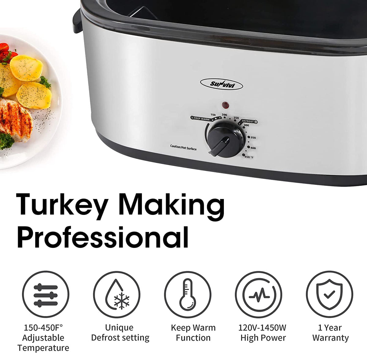 Royalcraft 26 Quart Electric Turkey Roaster Oven with Visible & Self-Basting Lid, Stainless Steel,Black