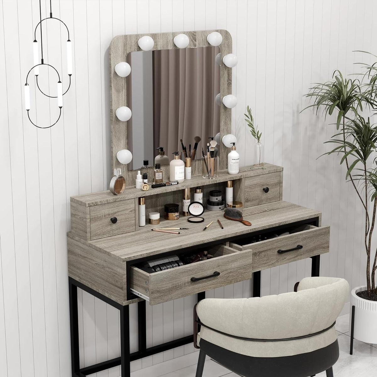 Royalcraft Makeup Vanity Table Set with Sliding Lighted Mirror