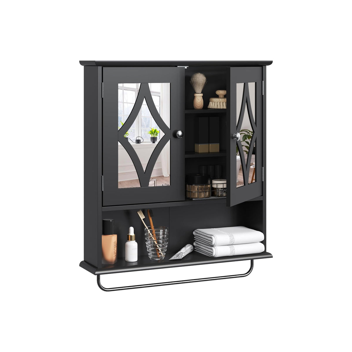 RoyalCraft Bathroom Medicine Cabinet with Mirror, Vanity Wall Mounted Storage Cabinet with Adjustable Shelves and Towel Bar, Hanging Wall Cabinet for Bathroom, Laundry, Living Room, Black