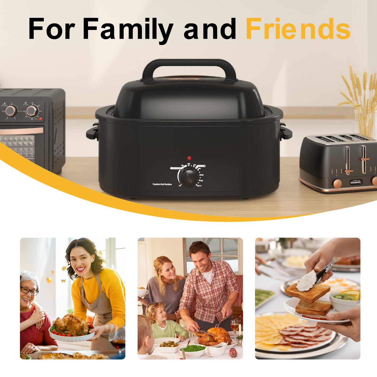 RoyalCraft 26 Quart Electric Turkey Roaster Oven with Visible Glass Lid, with Removable Pan & Rack, Stainless Steel, White