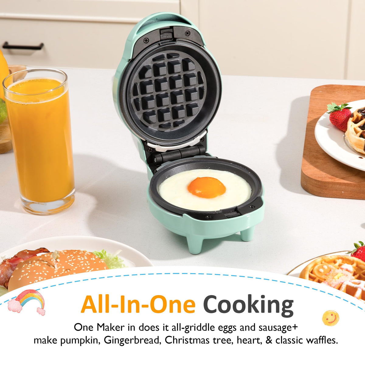 Royalcraft 6 in 1 Mini Waffle Maker, 4¡± Waffle Iron with Removable Non-stick Plates, Perfect Mini Waffle Maker for Kids and Families, Light Blue