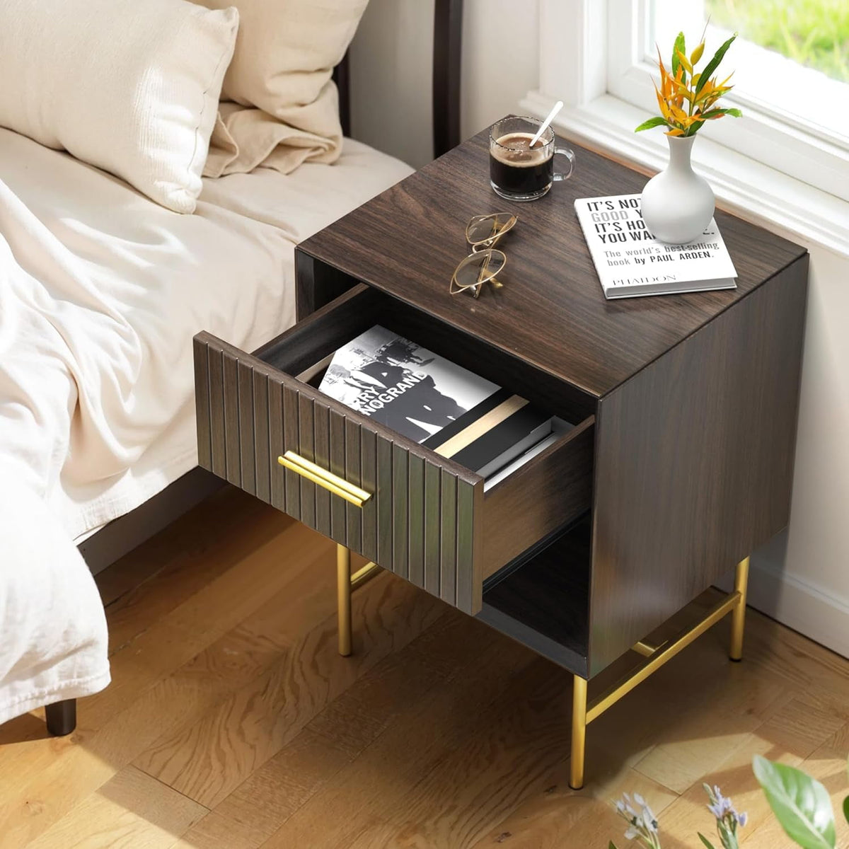 RoyalCraft Nightstands Set of 2, Wood Side Table with Drawer, 2-Tier End Table with Adjustable Feet and Metal Leg, Modern Night Stands Cabinet for Bedroom, Living Room, Home Office, Charcoal Walnut