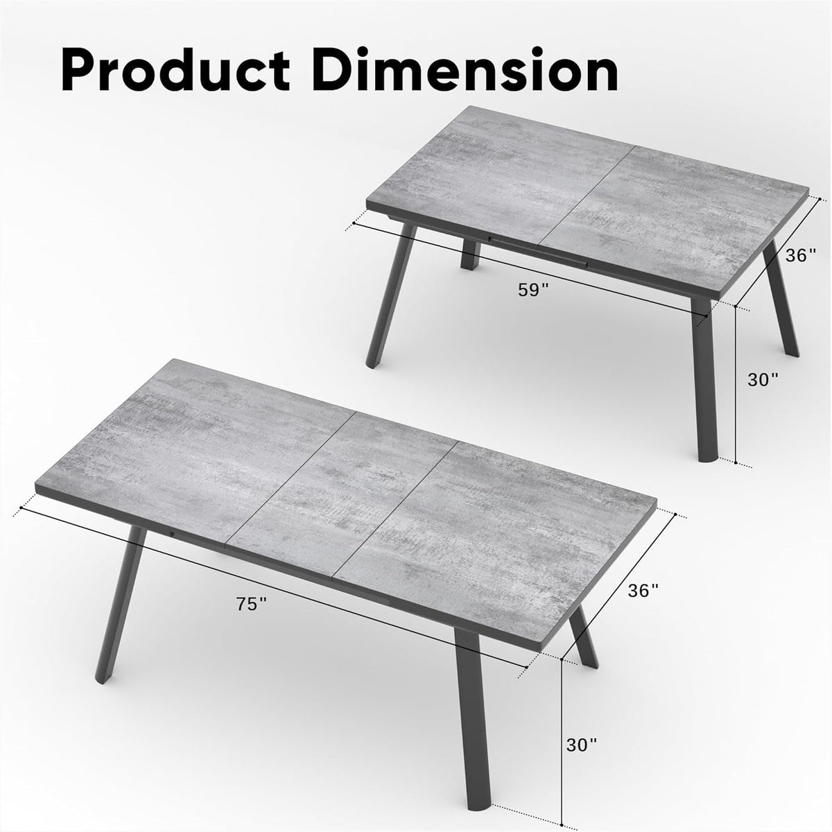 75” Dining Table for 4-8 People, Modern Extendable Dining Room Table, Rectangular Aluminum Table for Small Place, Kitchen, Living Room, Grey