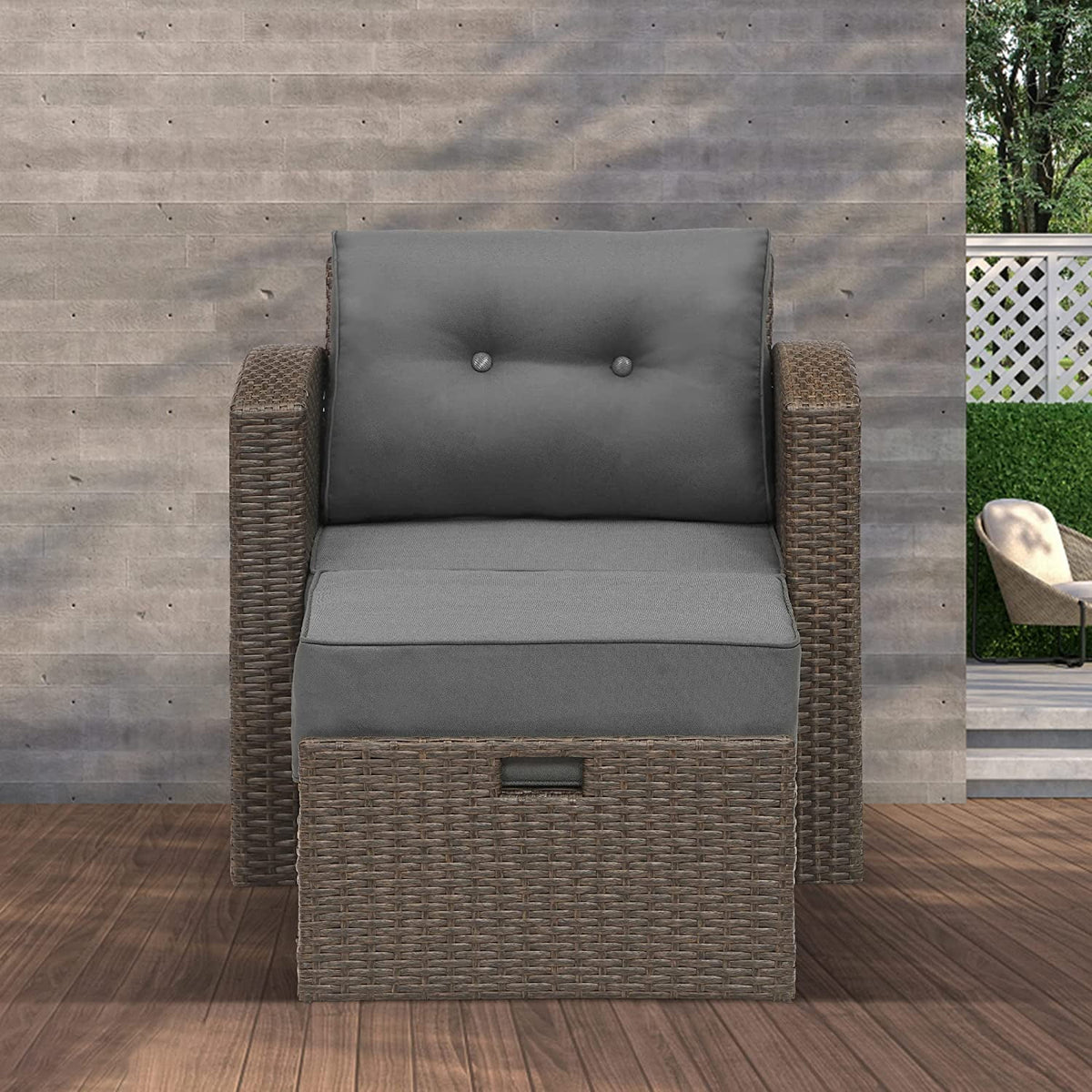 Royalcraft Patio Wicker Armchair with Ottoman, 2 Pieces PE Wicker Outdoor Conversation Set Outdoor Sectional Sofa for Garden, Beach, Balcony and Poolside, Aluminum Frame