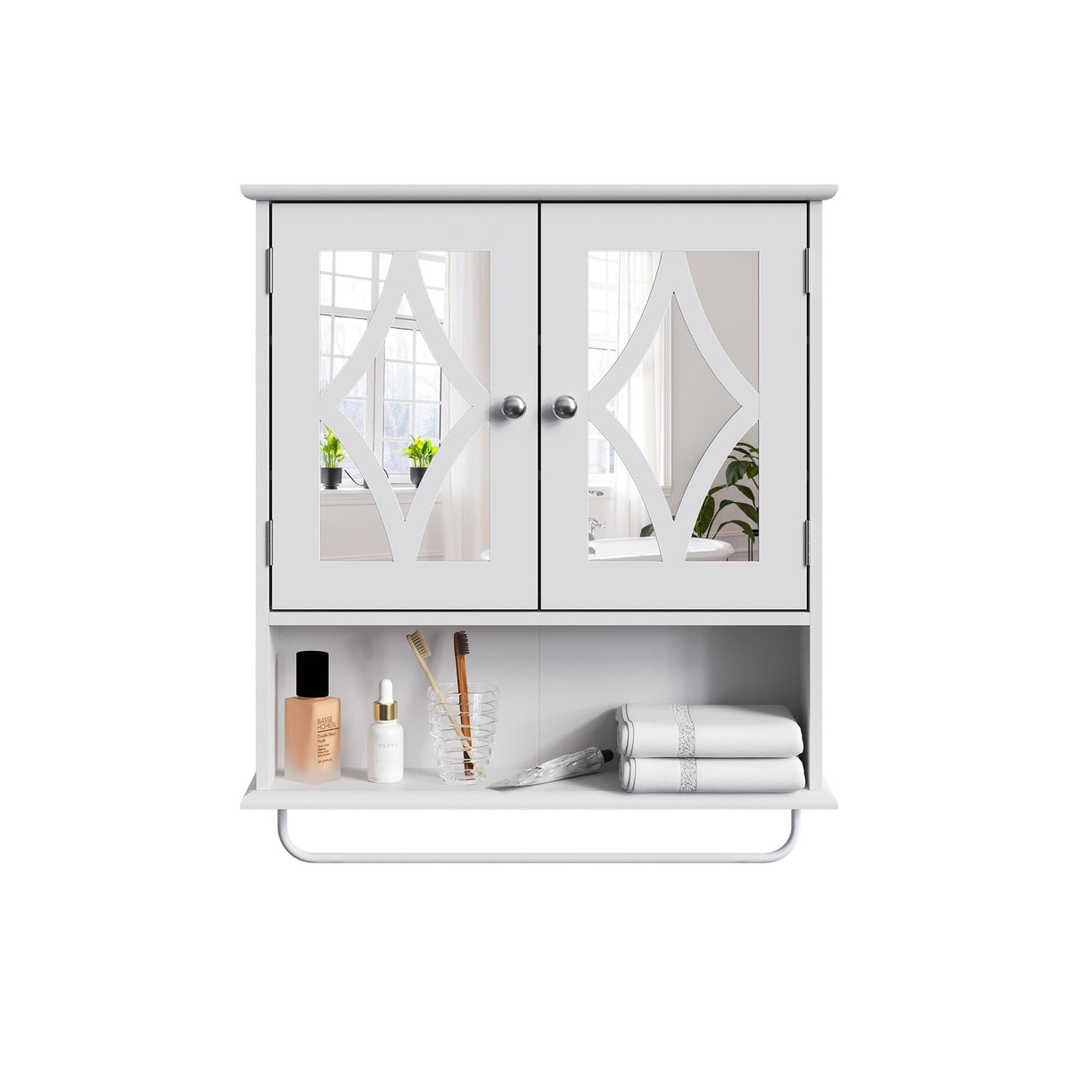 RoyalCraft Bathroom Medicine Cabinet with Mirror, Vanity Wall Mounted Storage Cabinet with Adjustable Shelves and Towel Bar, Hanging Wall Cabinet for Bathroom, Laundry, Living Room, White