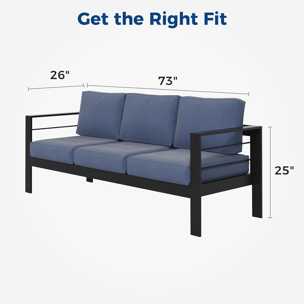 RoyalCraft Patio Furniture Aluminum Sofa, All-Weather Outdoor 3 Seats Couch, Black Metal Chair with Blue Cushions
