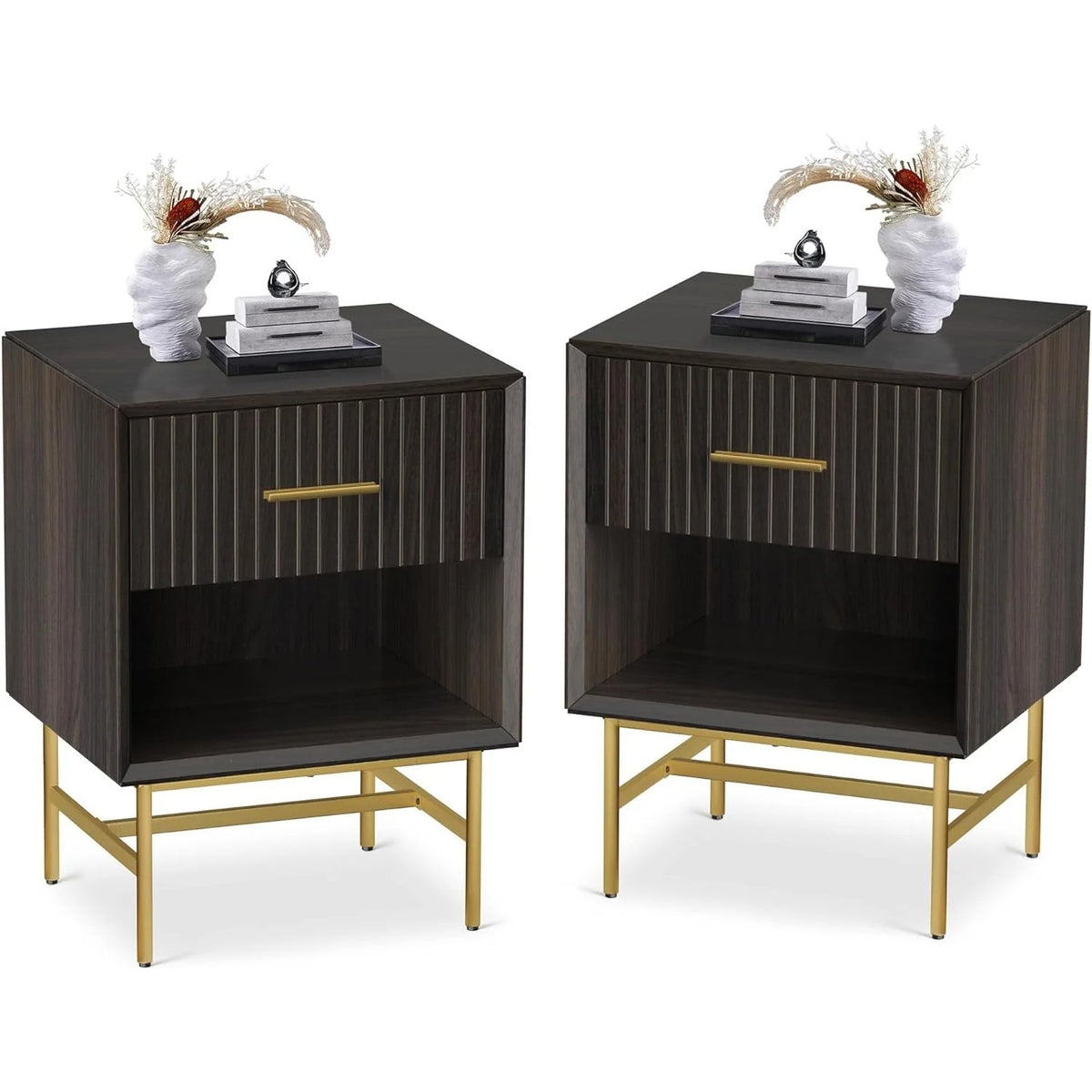 RoyalCraft Nightstands Set of 2, Wood Side Table with Drawer, 2-Tier End Table with Adjustable Feet and Metal Leg, Modern Night Stands Cabinet for Bedroom, Living Room, Home Office, Charcoal Walnut
