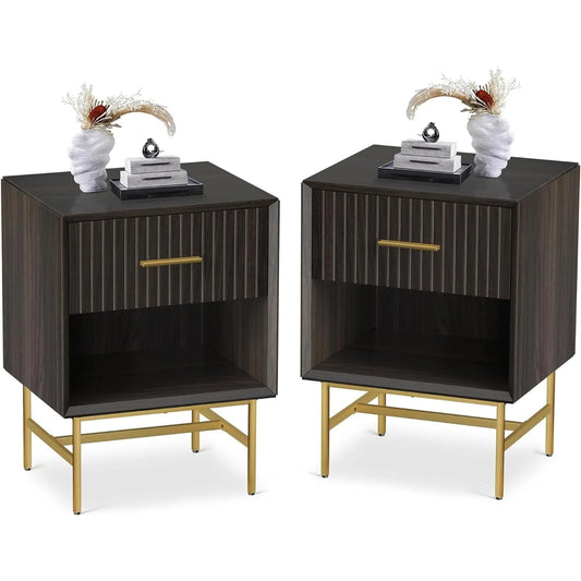 RoyalCraft Nightstands Set of 2, Wood Side Table with Drawer, 2-Tier End Table with Adjustable Feet and Metal Leg, Modern Night Stands Cabinet for Bedroom, Living Room, Home Office, Charcoal Walnut